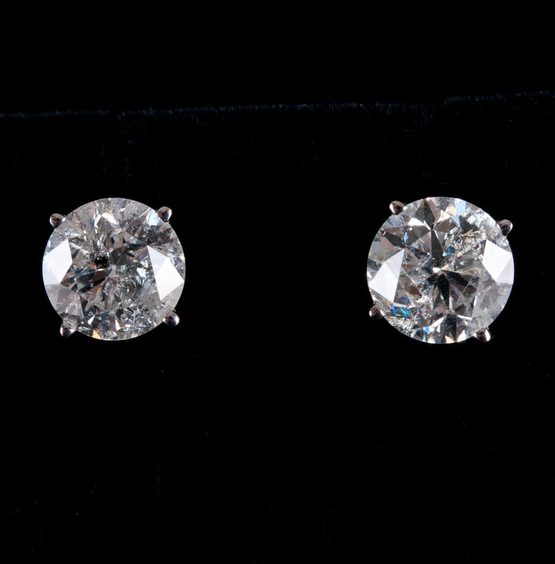 14k White Gold Round Diamond Solitaire Stud Earrings W/ Screw Backs 3.06ctw