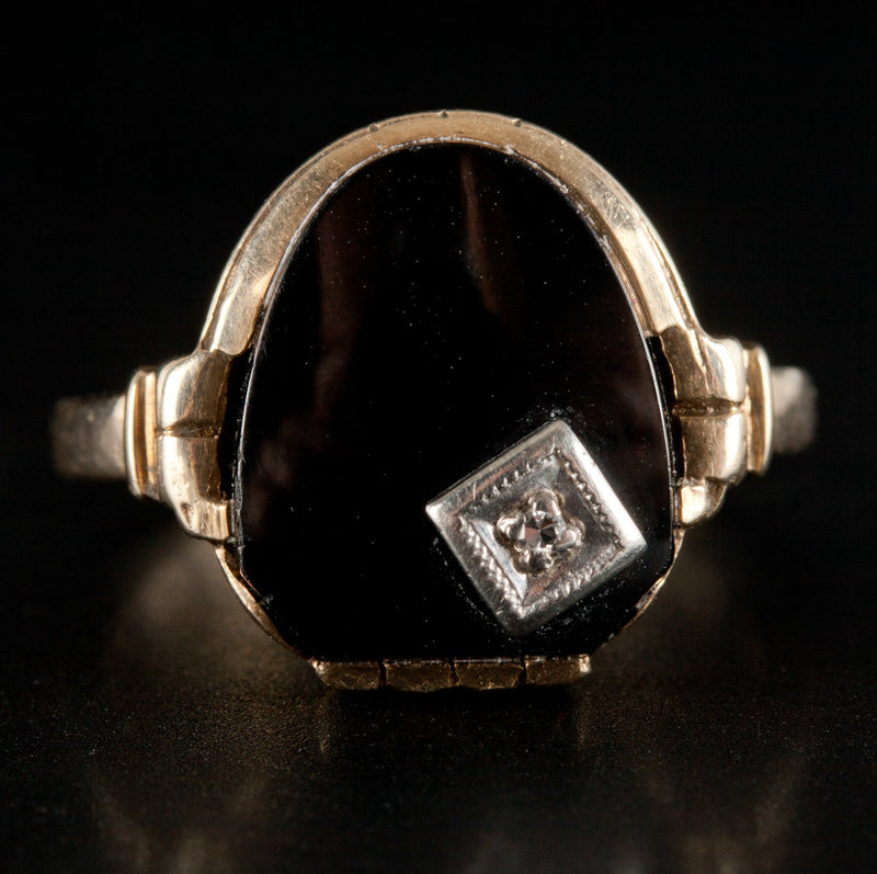 Vintage 1920's 10k Yellow Gold Onyx & Diamond Cocktail Ring .01ct 3.69g