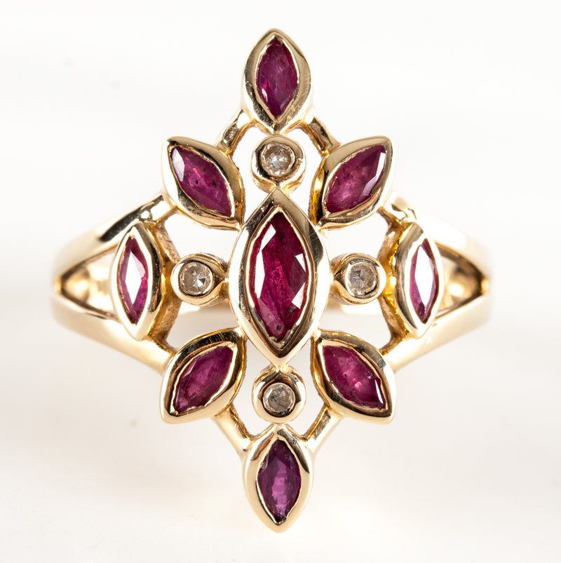 14k Yellow Gold Marquise Ruby & Diamond Cocktail Ring 1.29ctw 5.48g