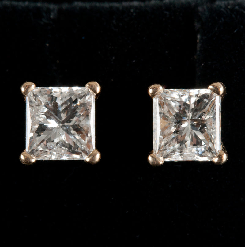 14k Yellow Gold Princess Diamond Solitaire Earrings W/ La Pousette Backs .90ctw