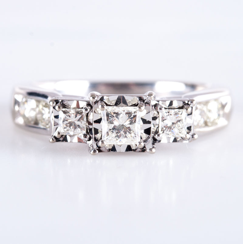 10k White Gold Princess & Round Diamond Three-Stone Style Engagement Ring .76ctw