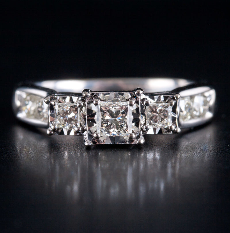 10k White Gold Princess & Round Diamond Three-Stone Style Engagement Ring .76ctw