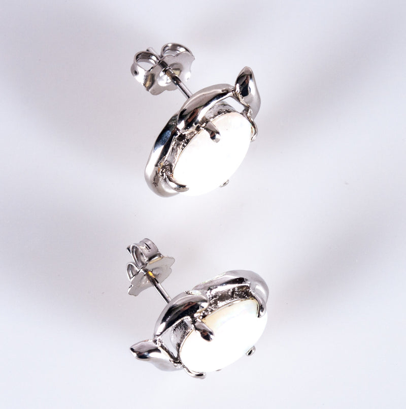14k White Gold Oval Opal & Diamond Stud Earrings W/ Butterfly Backs 3.20ctw