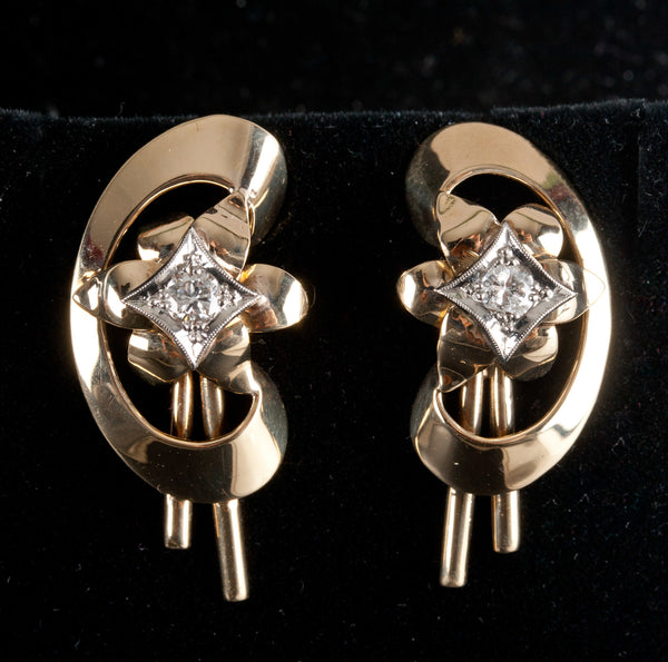 Vintage 1950's 14k Yellow & White Gold Round Diamond Star Floral Earrings .20ctw
