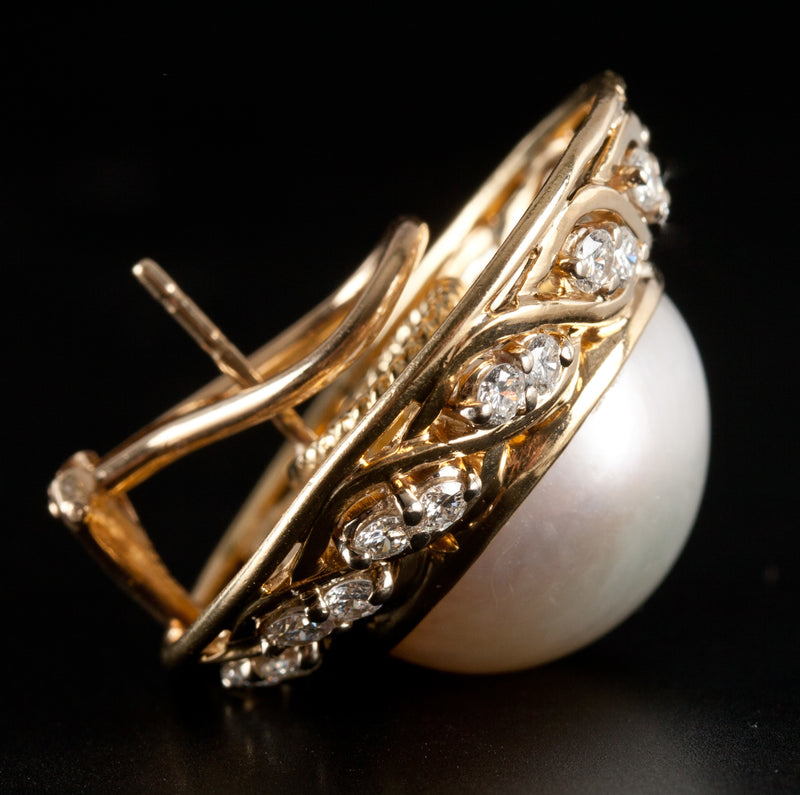 14k Yellow Gold Mabe' Pearl & Diamond Pierced Huggie Earrings 1.92ctw 23.64g