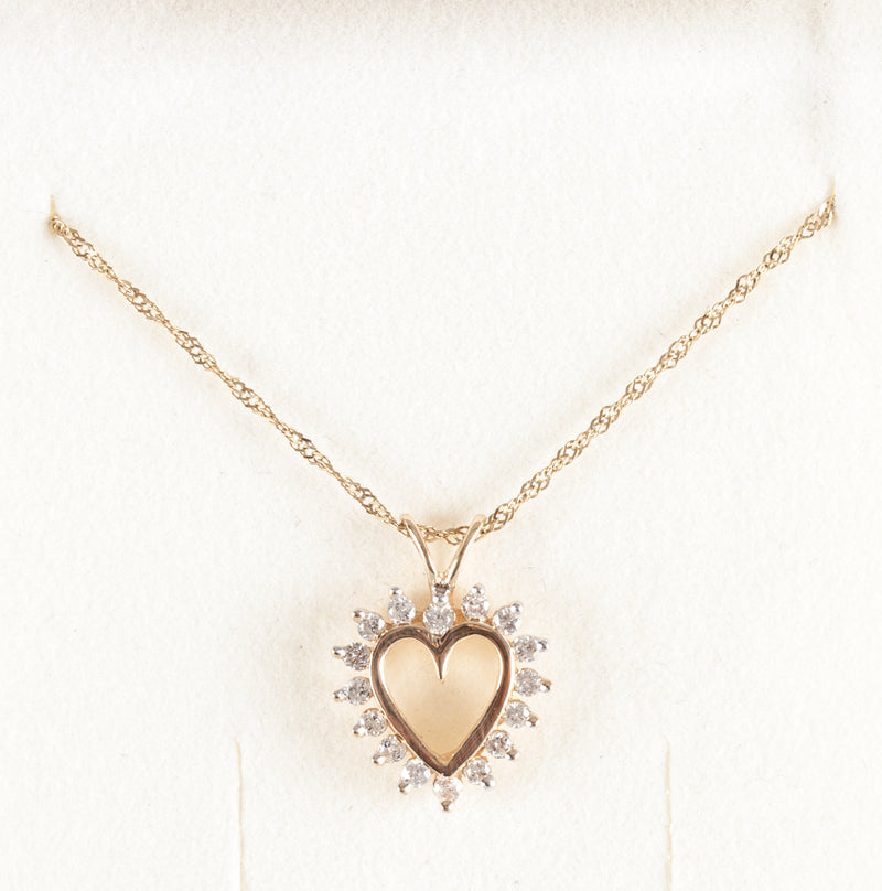 14k Yellow Gold Round Diamond Heart Style Necklace W/ 16" Chain .32ctw 2.16g