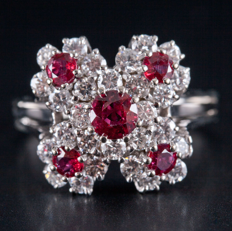 Vintage 1960's 14k White Gold Round Cut Ruby & Diamond Cluster Cocktail Ring 1.76ctw