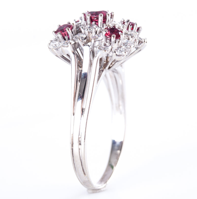 Vintage 1960's 14k White Gold Round Cut Ruby & Diamond Cluster Cocktail Ring 1.76ctw