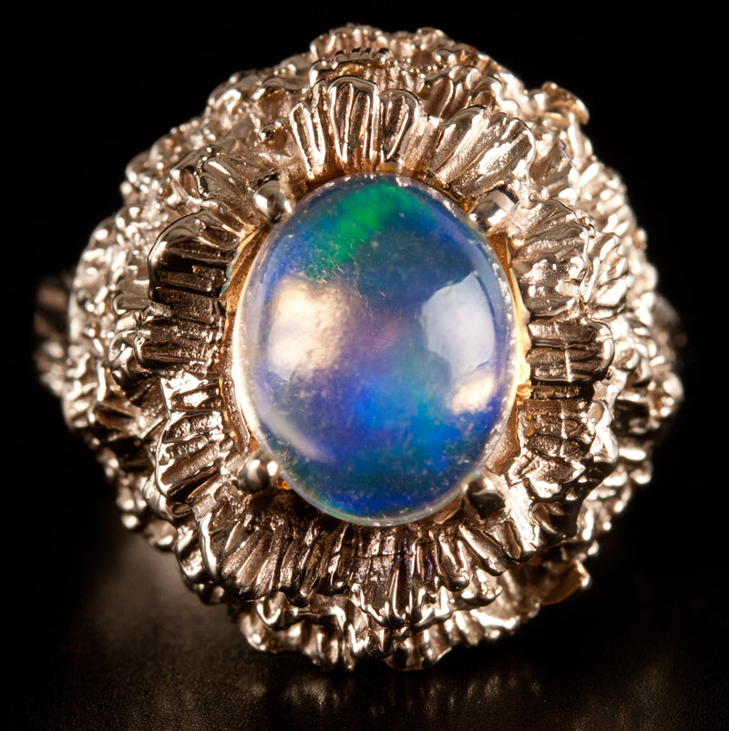Vintage 1980s 14k Yellow Gold Oval Cabochon AA Jelly Opal Solitaire Ring 1.50ctw
