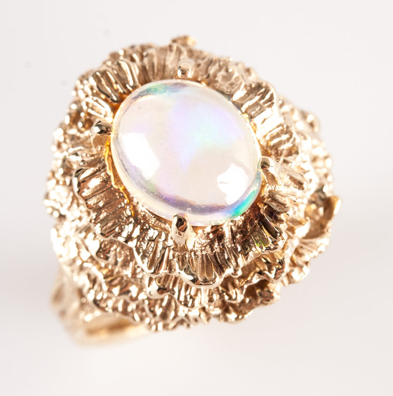 Vintage 1980s 14k Yellow Gold Oval Cabochon AA Jelly Opal Solitaire Ring 1.50ctw