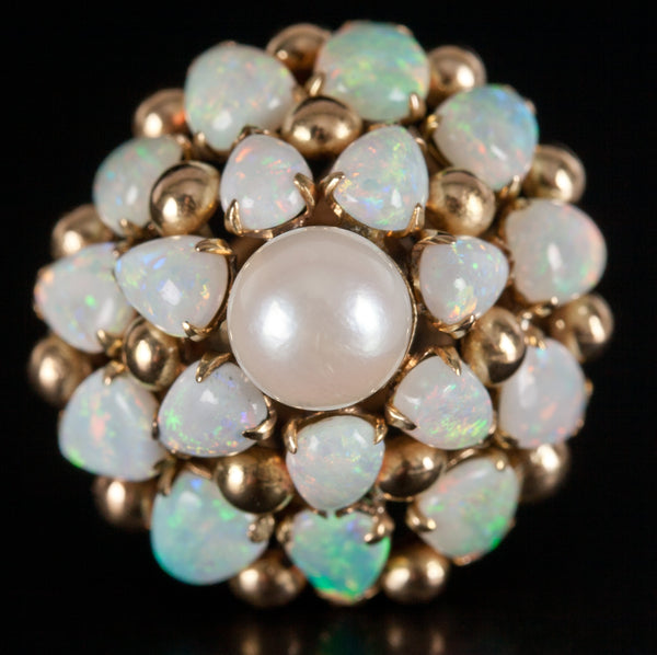 Vintage 1960's 14k Yellow Gold Cabochon Opal Pearl Pyramid Cocktail Ring 3.44ctw