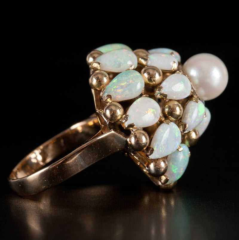 Vintage 1960's 14k Yellow Gold Cabochon Opal Pearl Pyramid Cocktail Ring 3.44ctw