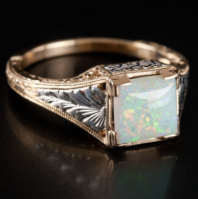 14k Yellow White Gold Vintage Inspired Rectangle Opal Solitaire Ring .93ct 3.49g