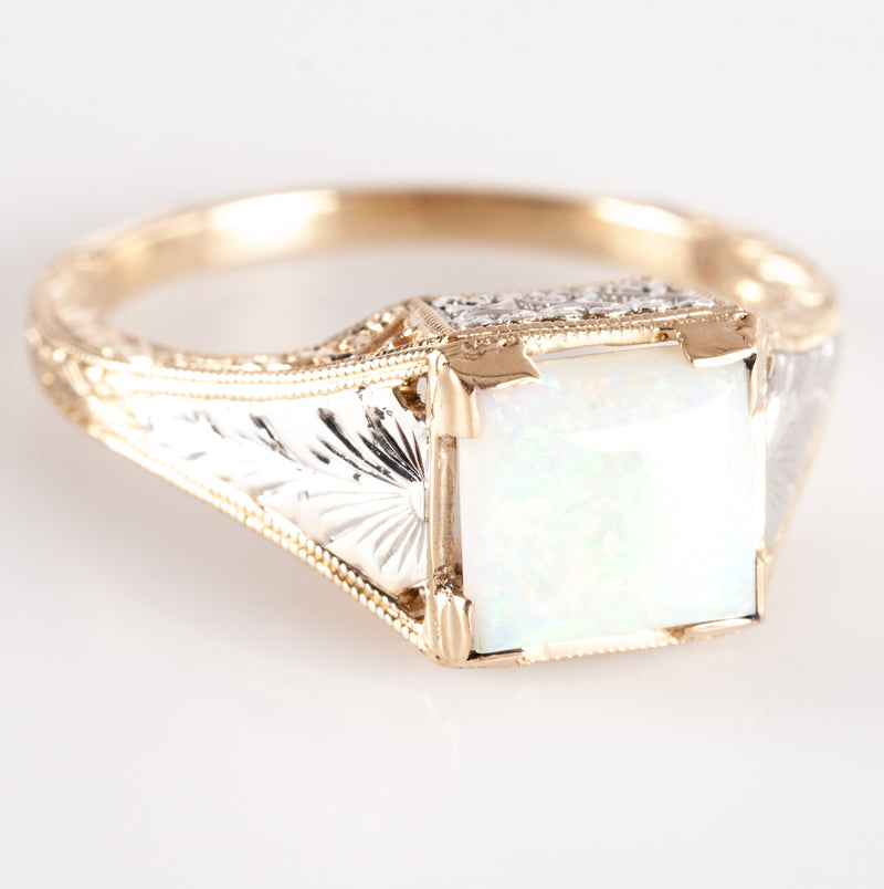 14k Yellow White Gold Vintage Inspired Rectangle Opal Solitaire Ring .93ct 3.49g