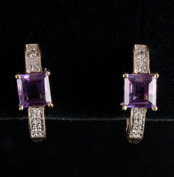 10k Yellow Gold Princess Amethyst Diamond Hoop Huggie Earrings 1.30ctw 3.10g