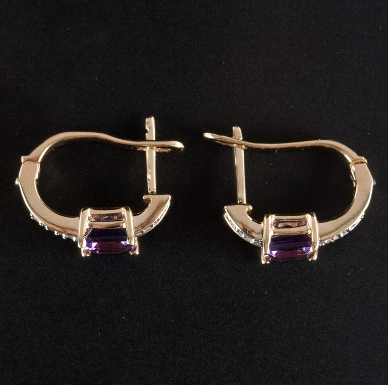 10k Yellow Gold Princess Amethyst Diamond Hoop Huggie Earrings 1.30ctw 3.10g