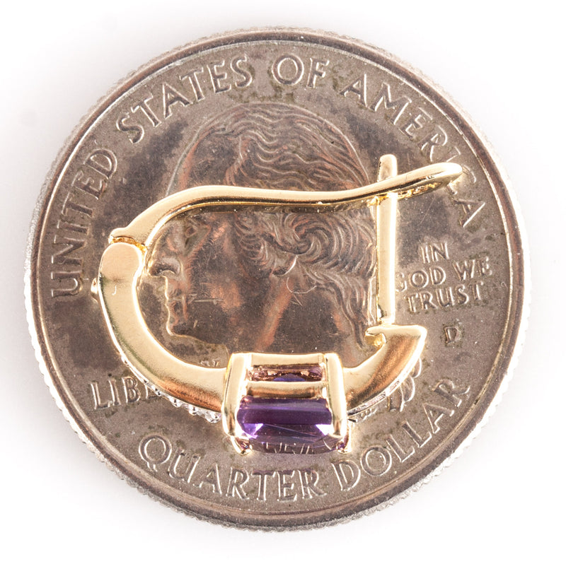 10k Yellow Gold Princess Amethyst Diamond Hoop Huggie Earrings 1.30ctw 3.10g