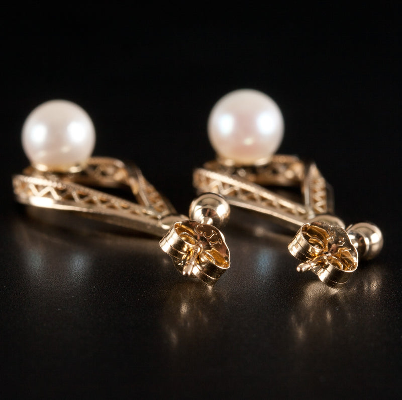 14k Yellow Gold Cultured Pearl Dangle Style Earrings W/ Butterfly Backs 1.95g