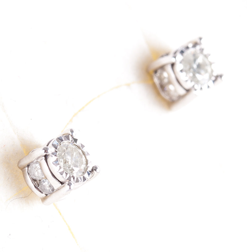 14k White Gold Round Diamond Solitaire Stud Earrings W/ Accents .72ctw 1.75g