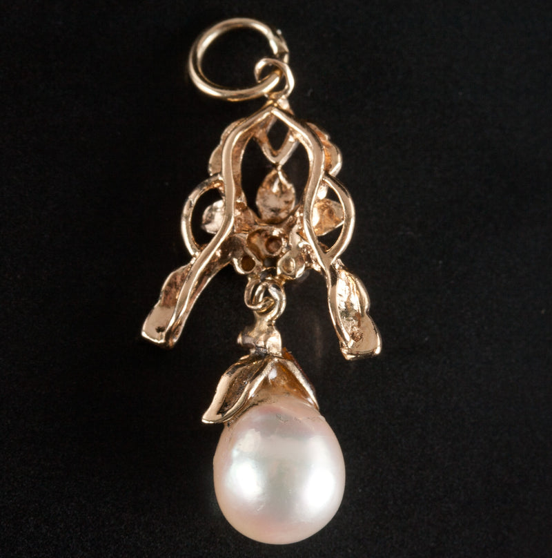 14k Yellow Gold Round Cultured Pearl Solitaire Floral Dangle Style Pendant 1.88g