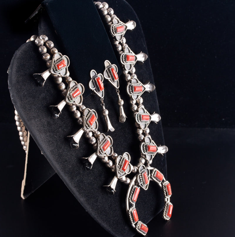 Vintage 1980's Sterling Silver Navajo Coral Squash Blossom Earring Set 134.8g
