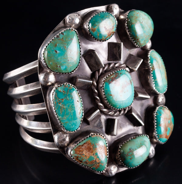 Vintage 1960's Sterling Silver Navajo Cabochon Royston Turquoise Cuff Bracelet
