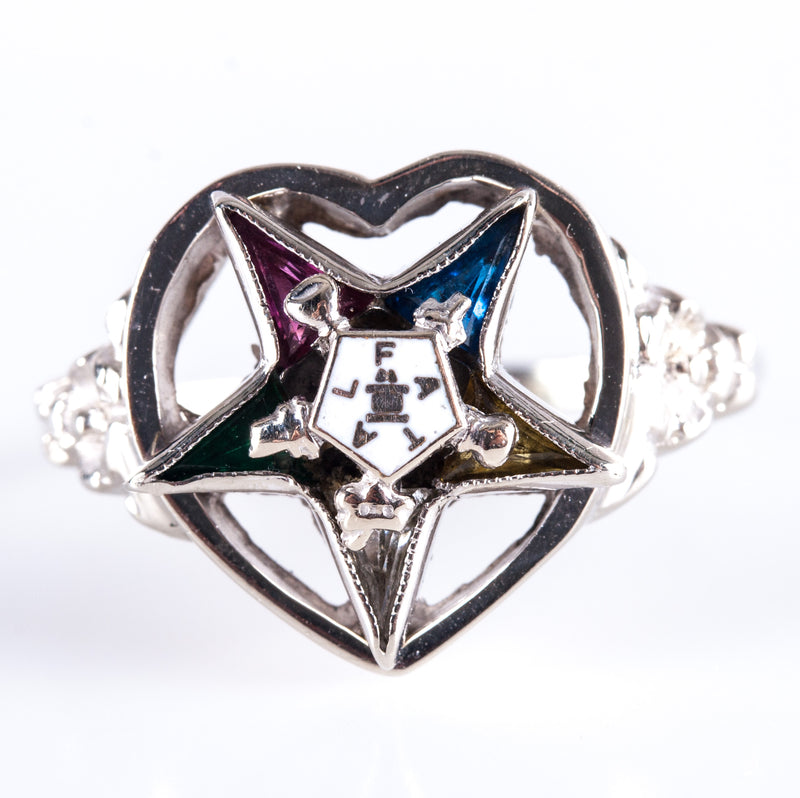 Vintage 1950's 14k White Gold Colored Cubic Zirconia Eastern Star Heart Ring
