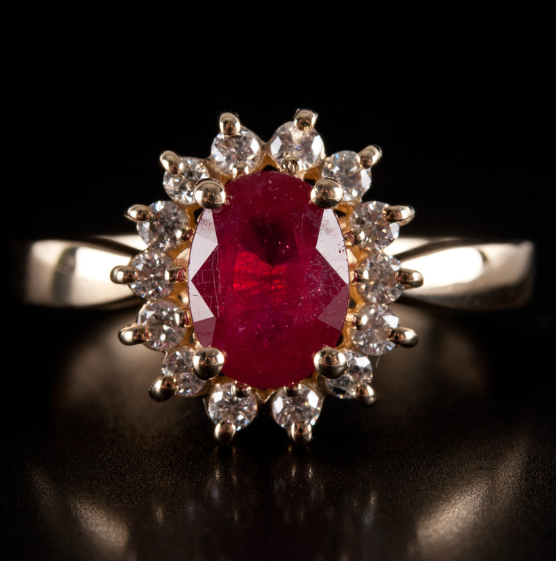 14k Yellow Gold Oval Ruby Round Diamond Halo Style Cocktail Ring 1.78ctw 3.75g