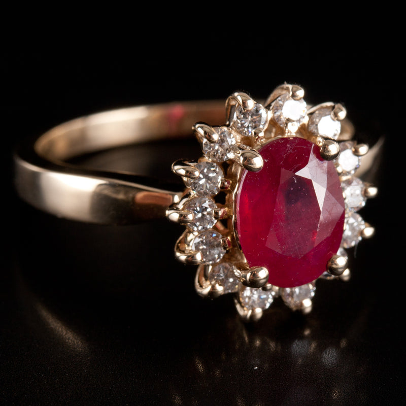 14k Yellow Gold Oval Ruby Round Diamond Halo Style Cocktail Ring 1.78ctw 3.75g