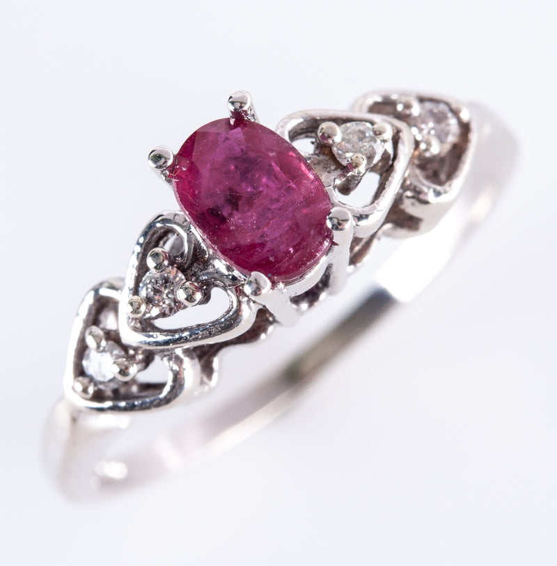 18k White Gold Oval Ruby Round Diamond Heart Style Ring .72ctw 2.20g