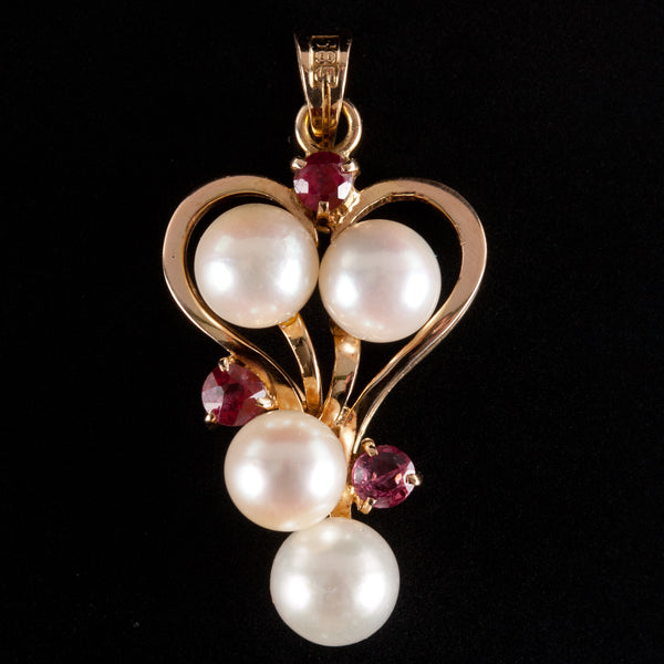 14k Yellow Gold Round Ruby Cultured Pearl Dangle Heart Style Pendant .36ctw
