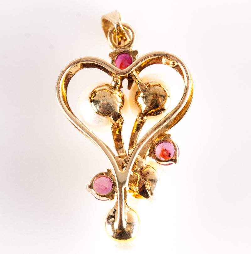 14k Yellow Gold Round Ruby Cultured Pearl Dangle Heart Style Pendant .36ctw