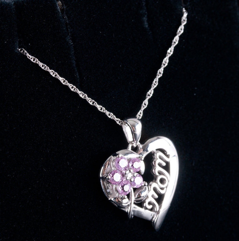 10k White Gold Round Pink Sapphire Floral Mom Style Necklace W/ 18" Chain .45ctw
