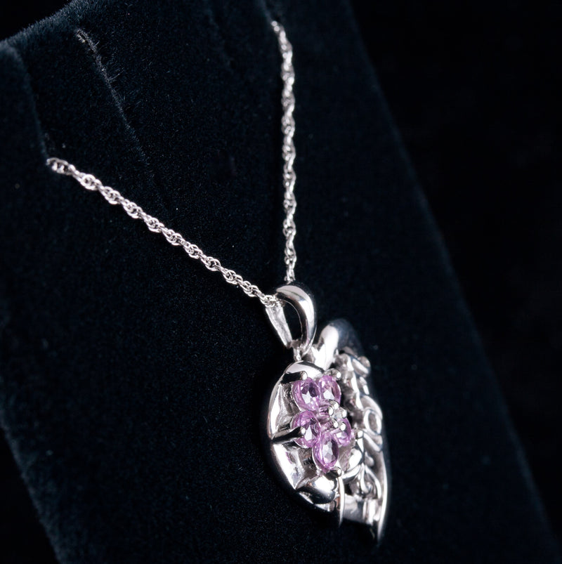 10k White Gold Round Pink Sapphire Floral Mom Style Necklace W/ 18" Chain .45ctw