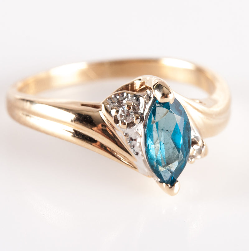 14k Yellow Gold Marquise AA London Blue Topaz & Diamond Ring .67ctw 3.20g