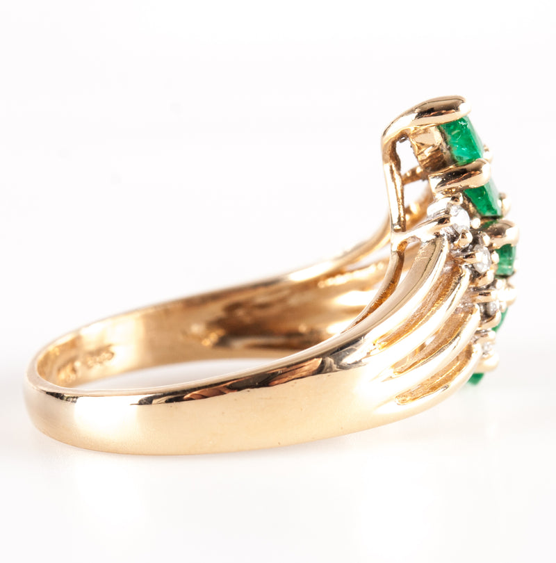 14k Yellow Gold Marquise Emerald Round Diamond Cocktail Ring .49ctw 4.63g