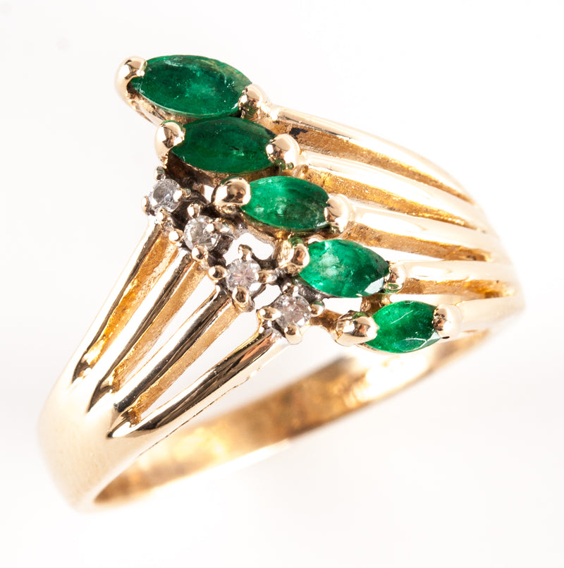 14k Yellow Gold Marquise Emerald Round Diamond Cocktail Ring .49ctw 4.63g