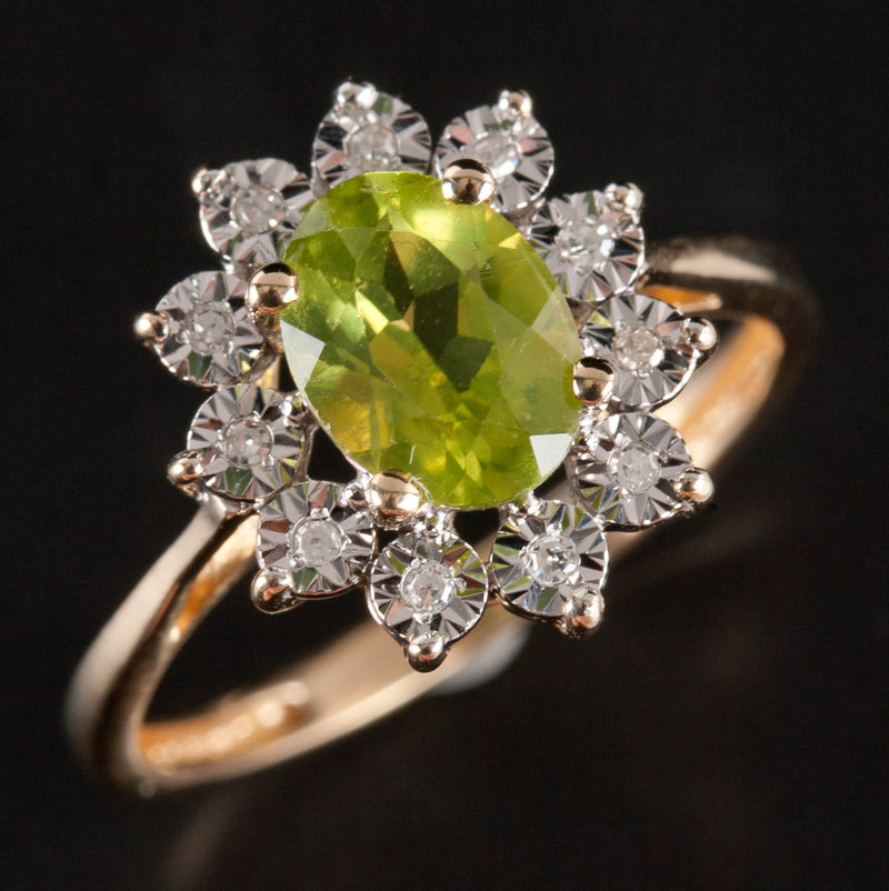 14k Yellow White Gold Oval Peridot Round Diamond Halo Style Ring 1.405ctw 2.75g