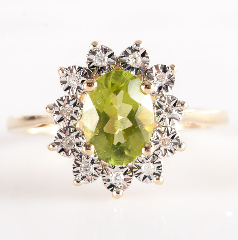 14k Yellow White Gold Oval Peridot Round Diamond Halo Style Ring 1.405ctw 2.75g