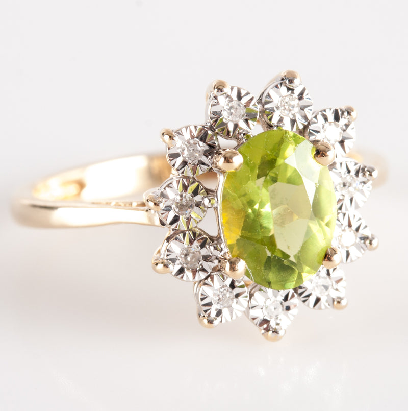 14k Yellow White Gold Oval Peridot Round Diamond Halo Style Ring 1.405ctw 2.75g