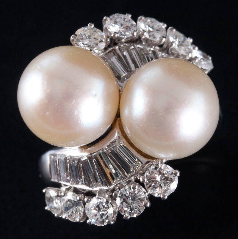 Vintage 1940s Platinum G VS2 Diamond Pearl Cocktail Ring Earring Set 2.60ctw 18g