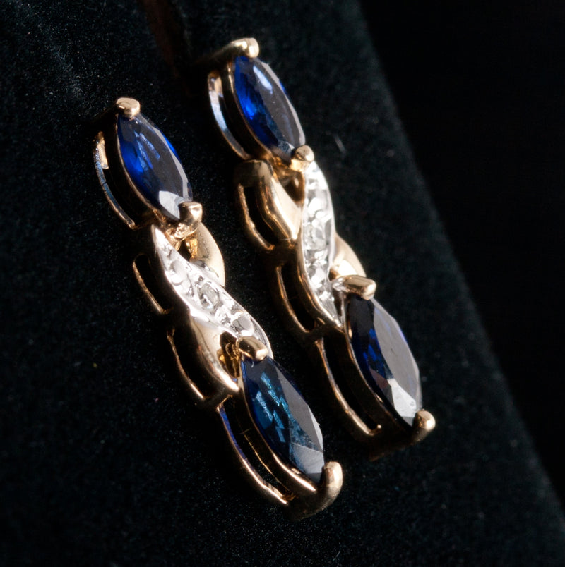 10k Yellow Gold Marquise Lab-Created Sapphire Natural Diamond Earrings 1.31ctw