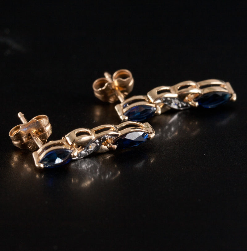 10k Yellow Gold Marquise Lab-Created Sapphire Natural Diamond Earrings 1.31ctw