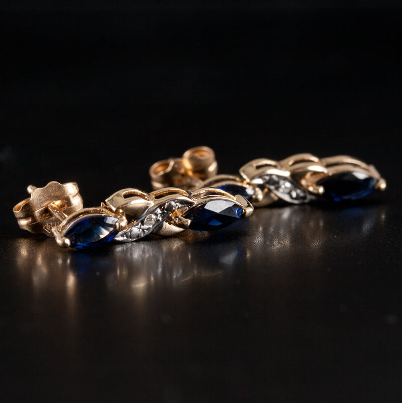 10k Yellow Gold Marquise Lab-Created Sapphire Natural Diamond Earrings 1.31ctw