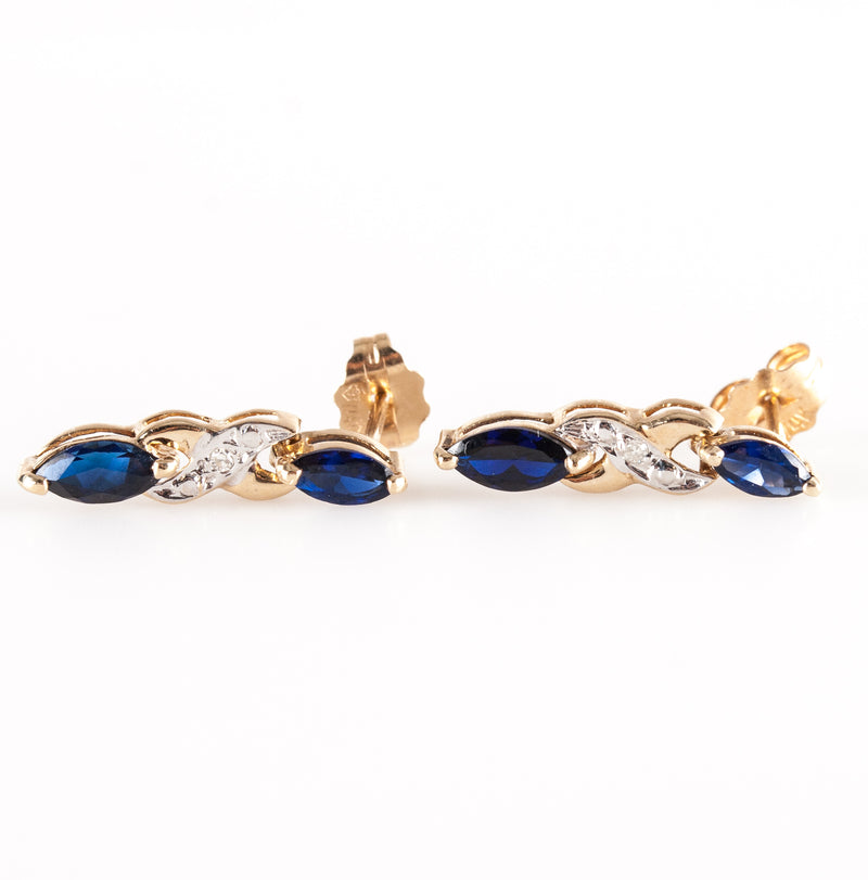10k Yellow Gold Marquise Lab-Created Sapphire Natural Diamond Earrings 1.31ctw