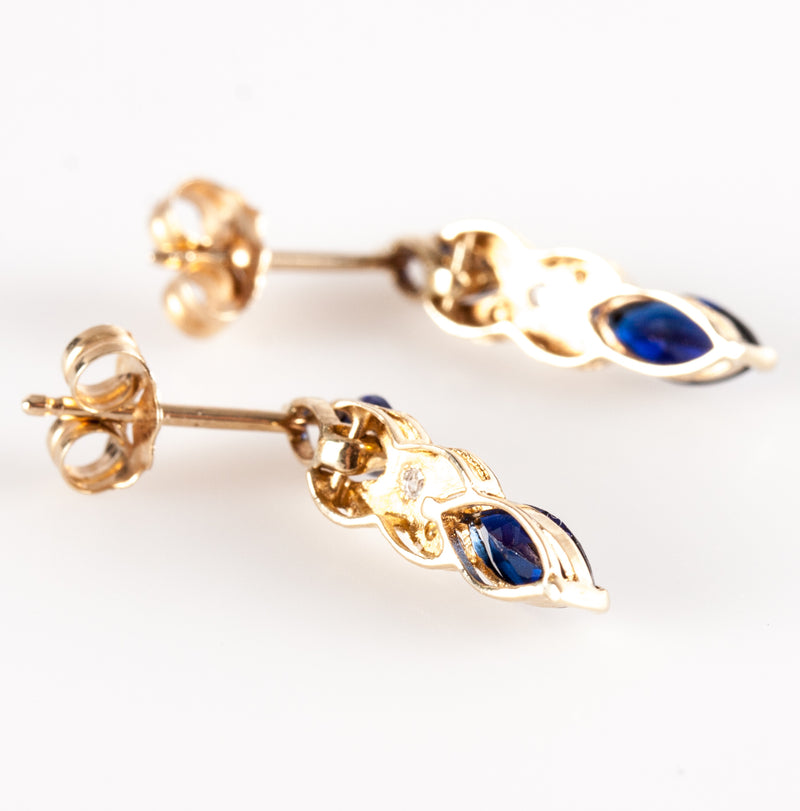 10k Yellow Gold Marquise Lab-Created Sapphire Natural Diamond Earrings 1.31ctw