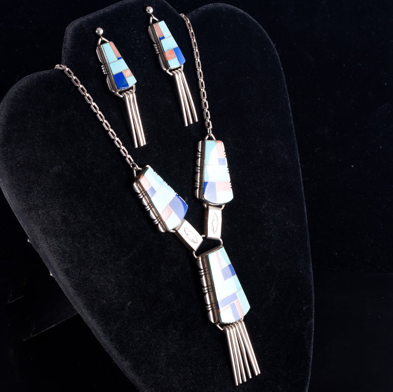 Vintage Sterling Silver Turquoise Coral Lapis Zuni Style Necklace Earring Set