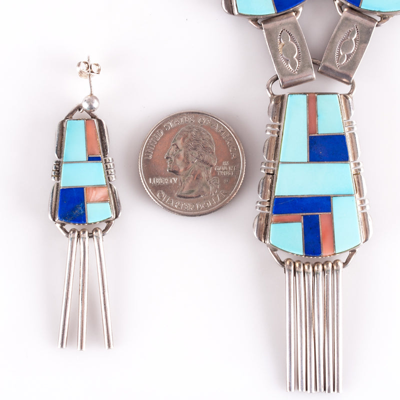 Vintage Sterling Silver Turquoise Coral Lapis Zuni Style Necklace Earring Set