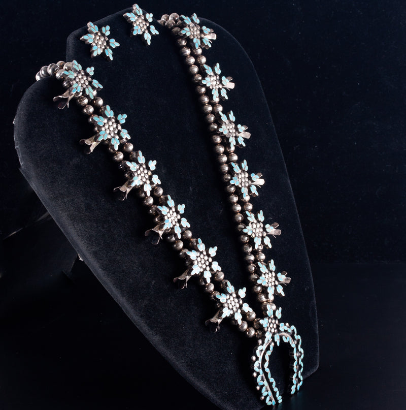 Vintage 1940's Sterling Silver Frank Dishta Turquoise Squash Blossom Earring Set