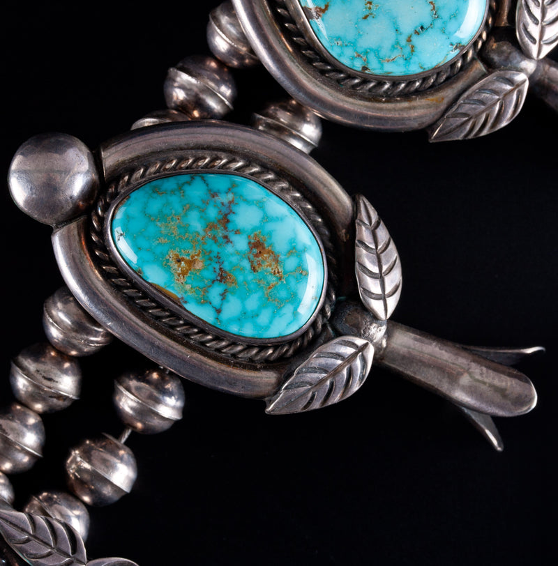Vintage 1970's Sterling Silver Kingman Turquoise Squash Blossom Necklace 406.2g